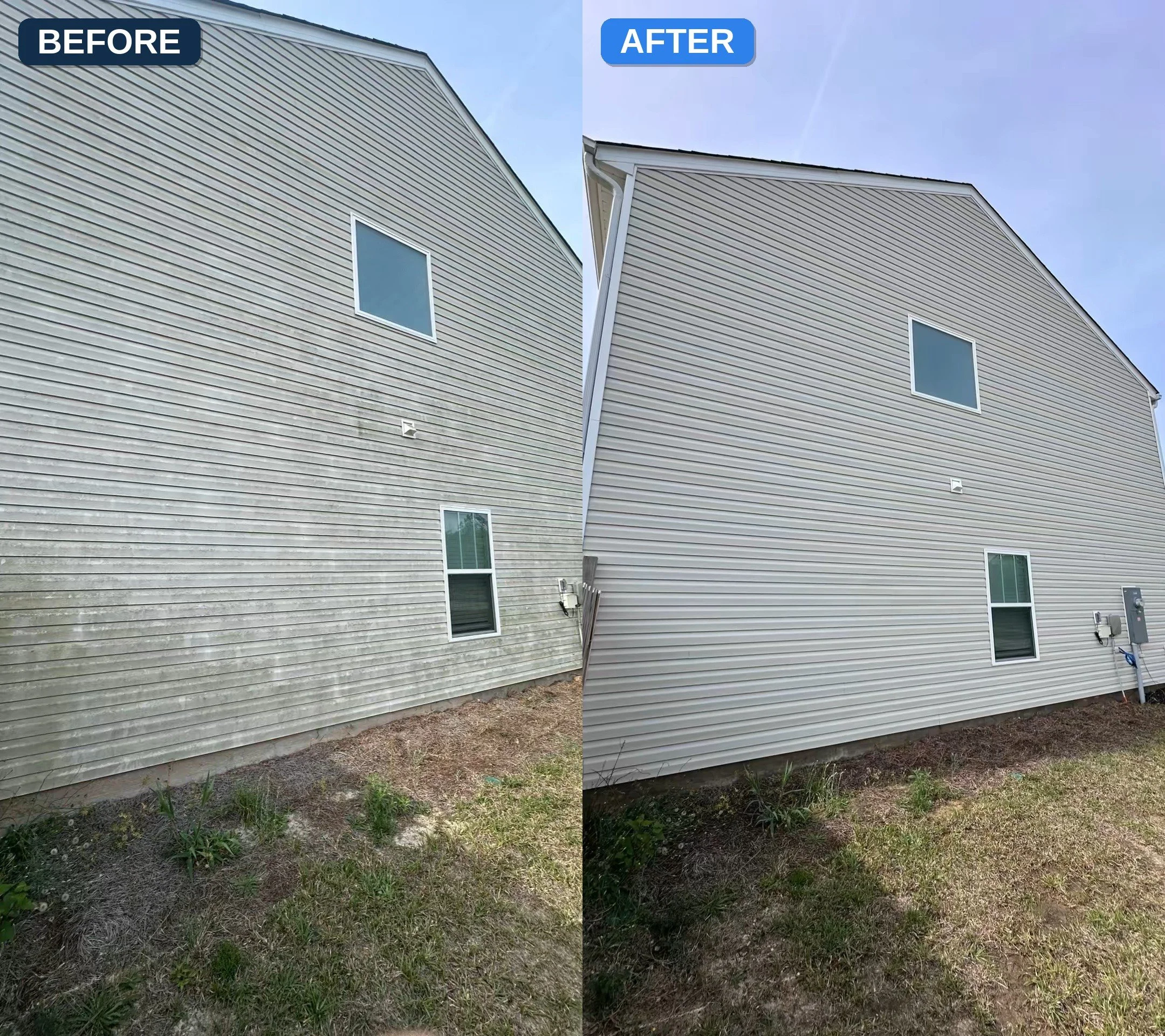 Before and after house washing in Pembroke, GA — algae-stained gray vinyl siding cleaned by Stephens Exteriors