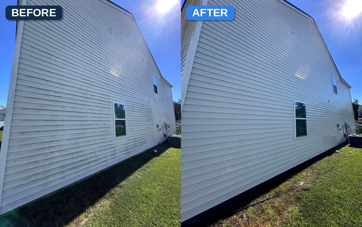 Before and after house washing in Savannah, GA — white vinyl siding with algae streaks soft washed clean by Stephens Exteriors