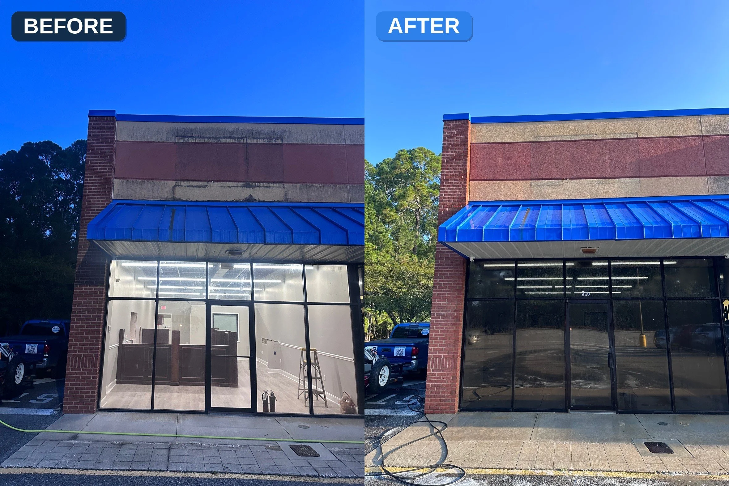 Before and after commercial storefront washing — dirty facade and blue awning cleaned by Stephens Exteriors
