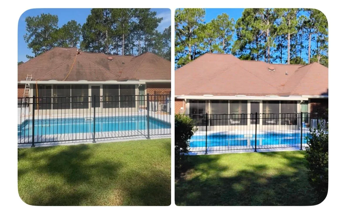 Before and after google 5 star review photo of a roof wash in Statesboro, Ga removing black streaks
