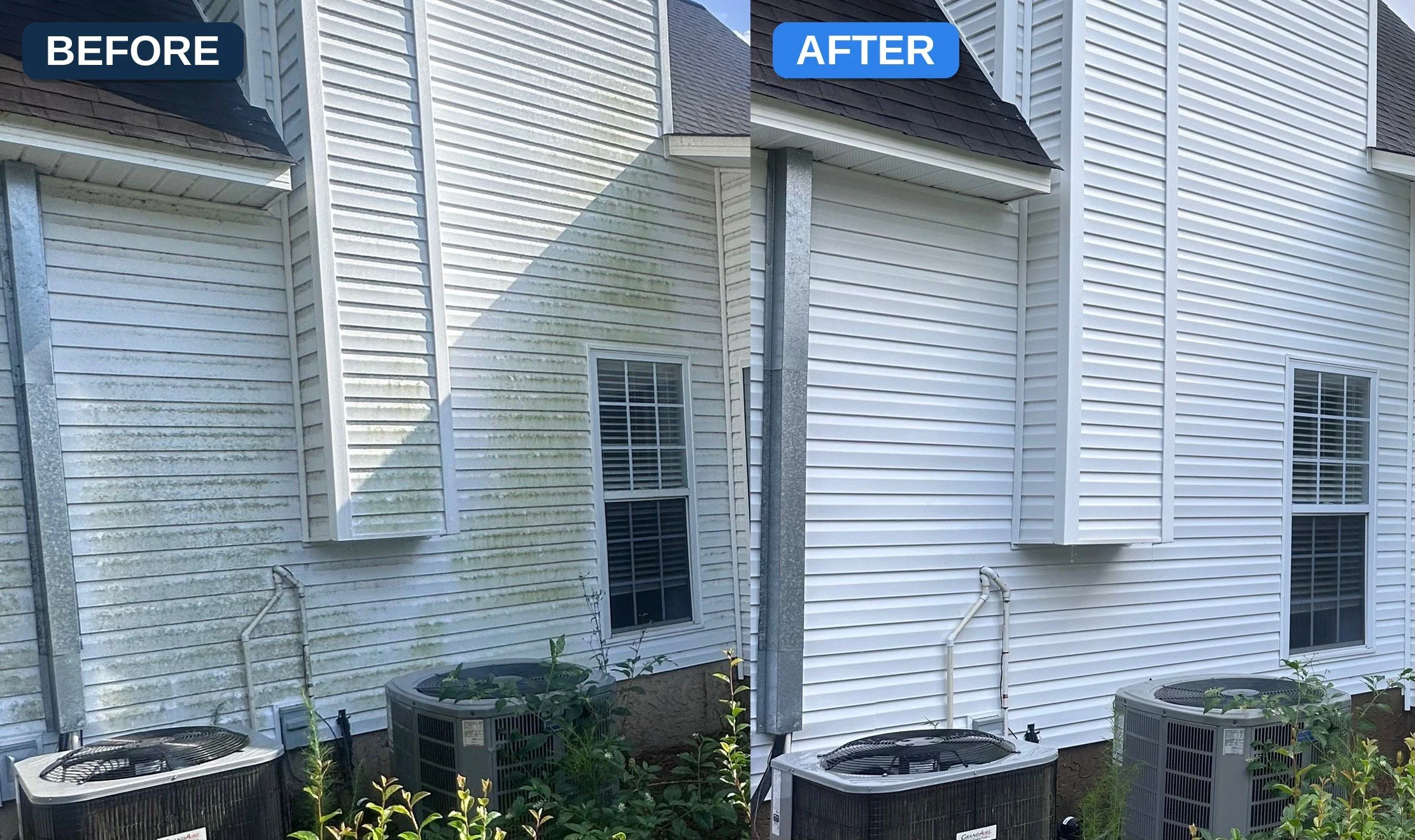 Before and after soft wash house washing — algae-covered white vinyl siding restored by Stephens Exteriors in Statesboro & Pooler, GA