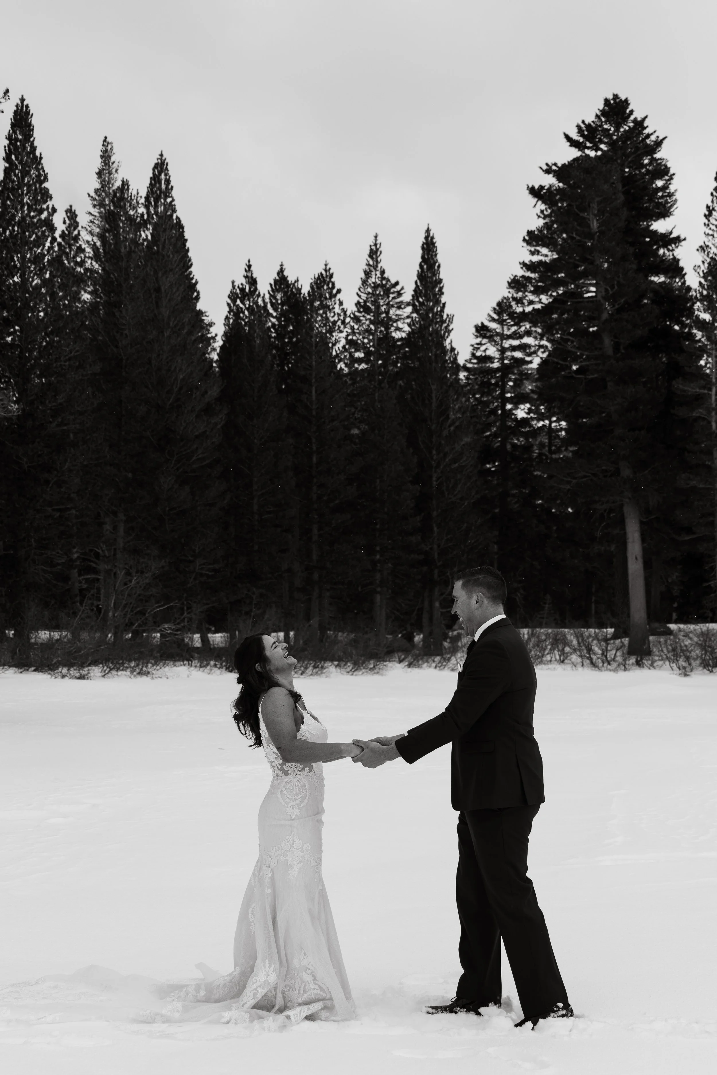 A couple in wedding attire holding hands and facing each other in a snowy outdoor setting with tall trees in the background. snowshoe elopement at lake mammie in the lake's basin in mammoth lakes California in the middle of winter 2025. 