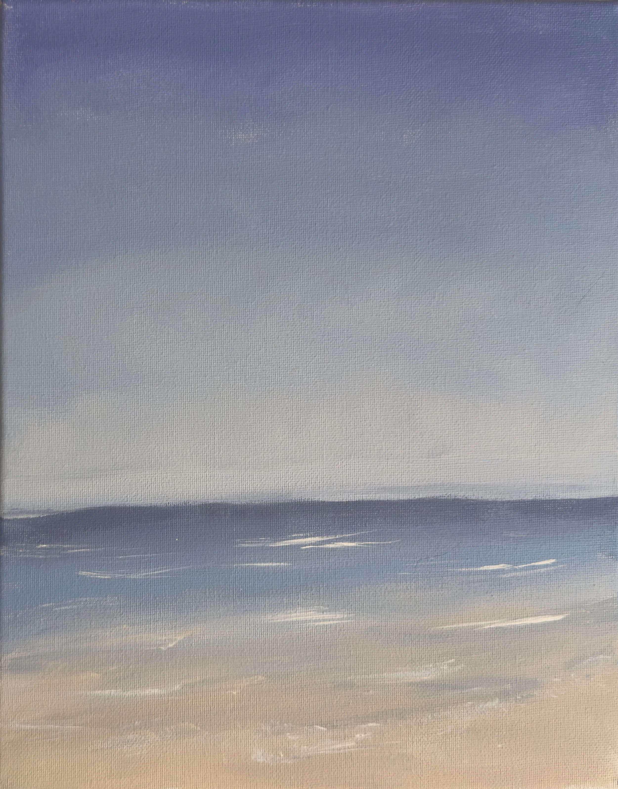 Lavender and blue shoreline-inspired abstract painting with a distant horizon feel.