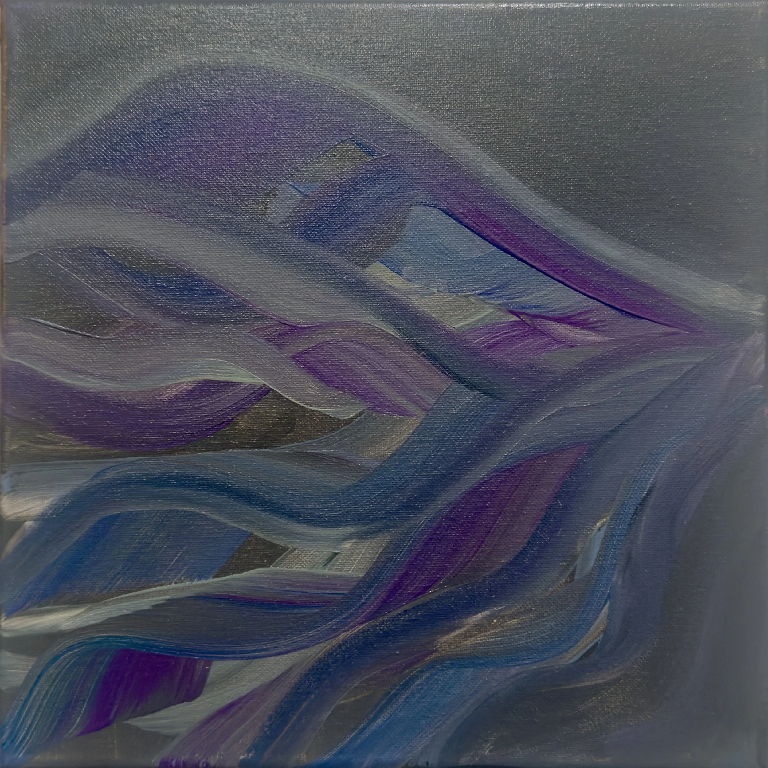 Abstract painting with interwoven blue and lavender lines moving across the surface.