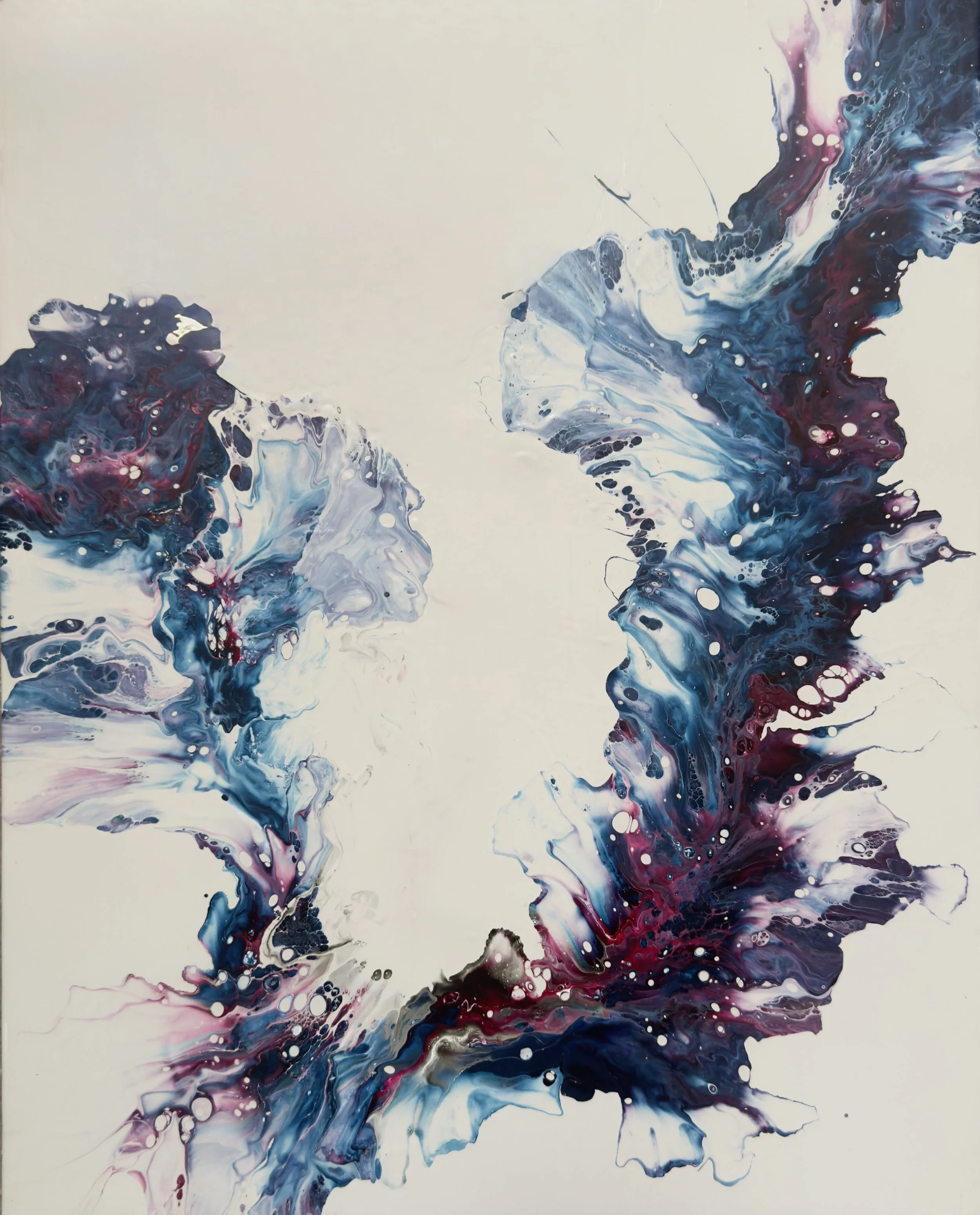 Deep blue and burgundy abstract painting with sweeping curved movement.