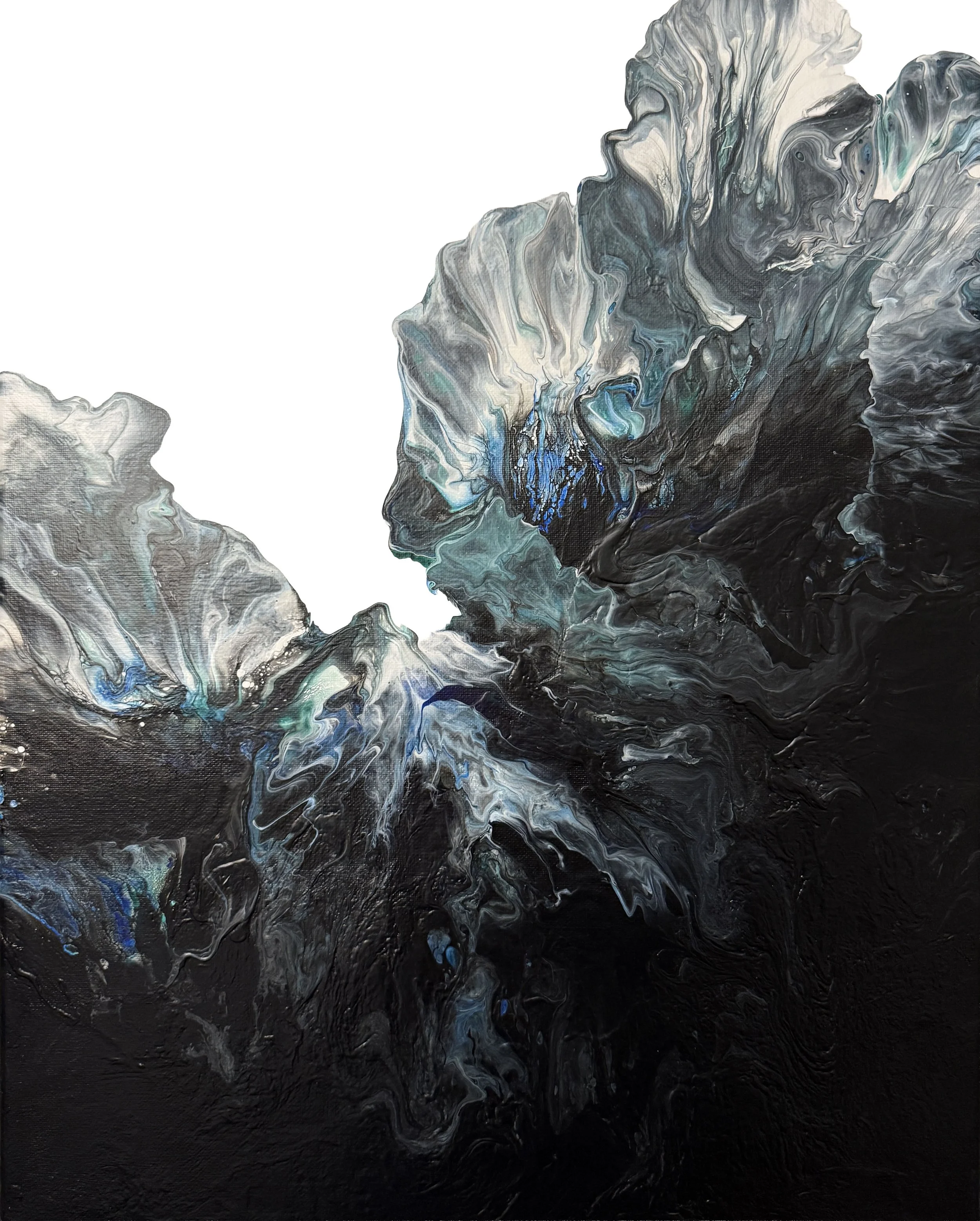 Black, blue, and white abstract painting capturing a moment of emergence and anticipation.