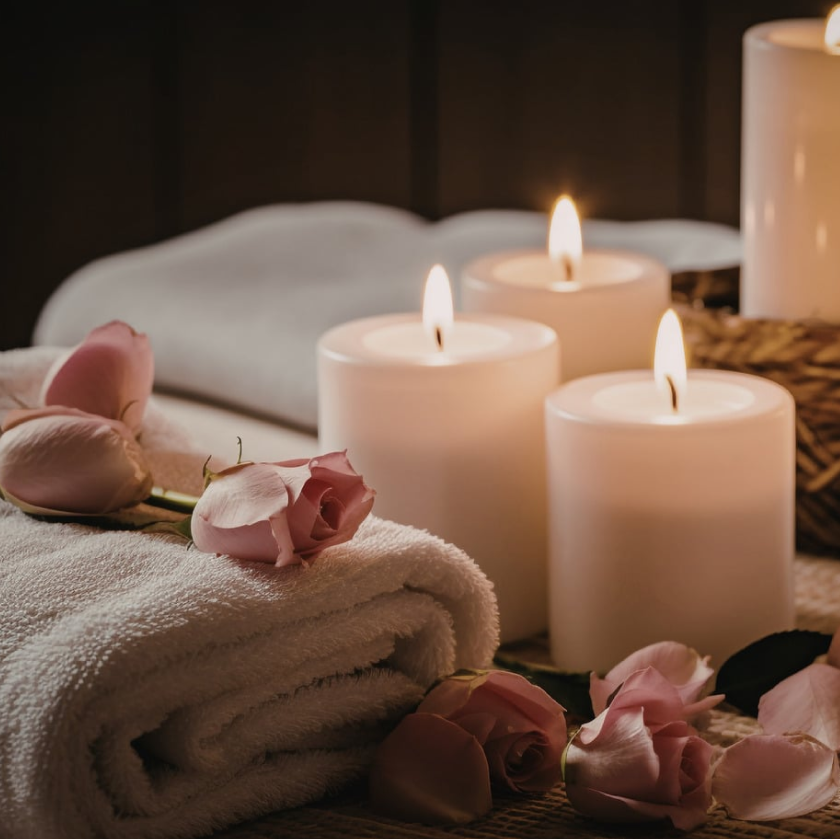 Spa scene with rolled towel, pink roses, and lit candles.