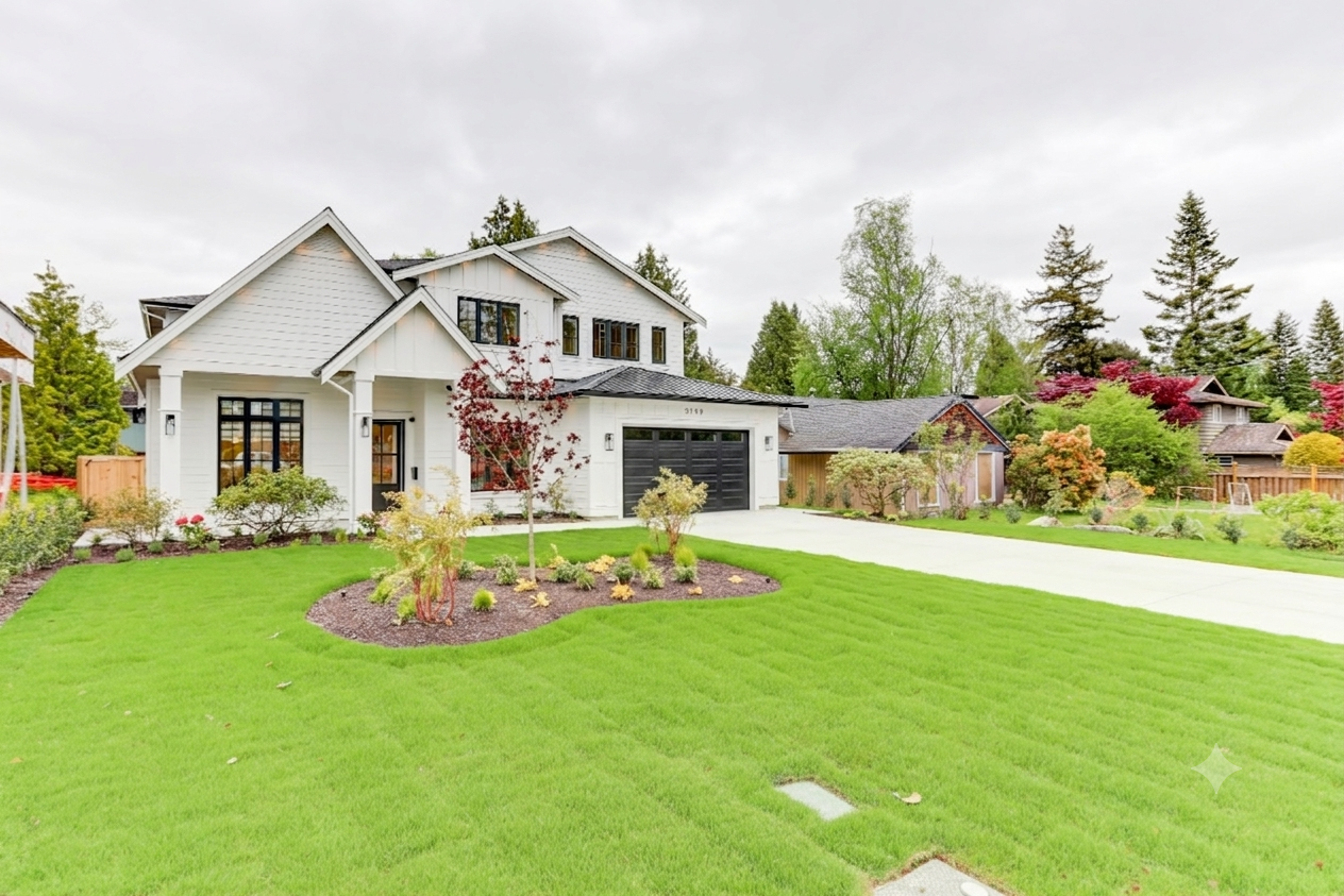 Modern white two-story house with landscaped front yard, young trees, green grass, and a partly cloudy sky.