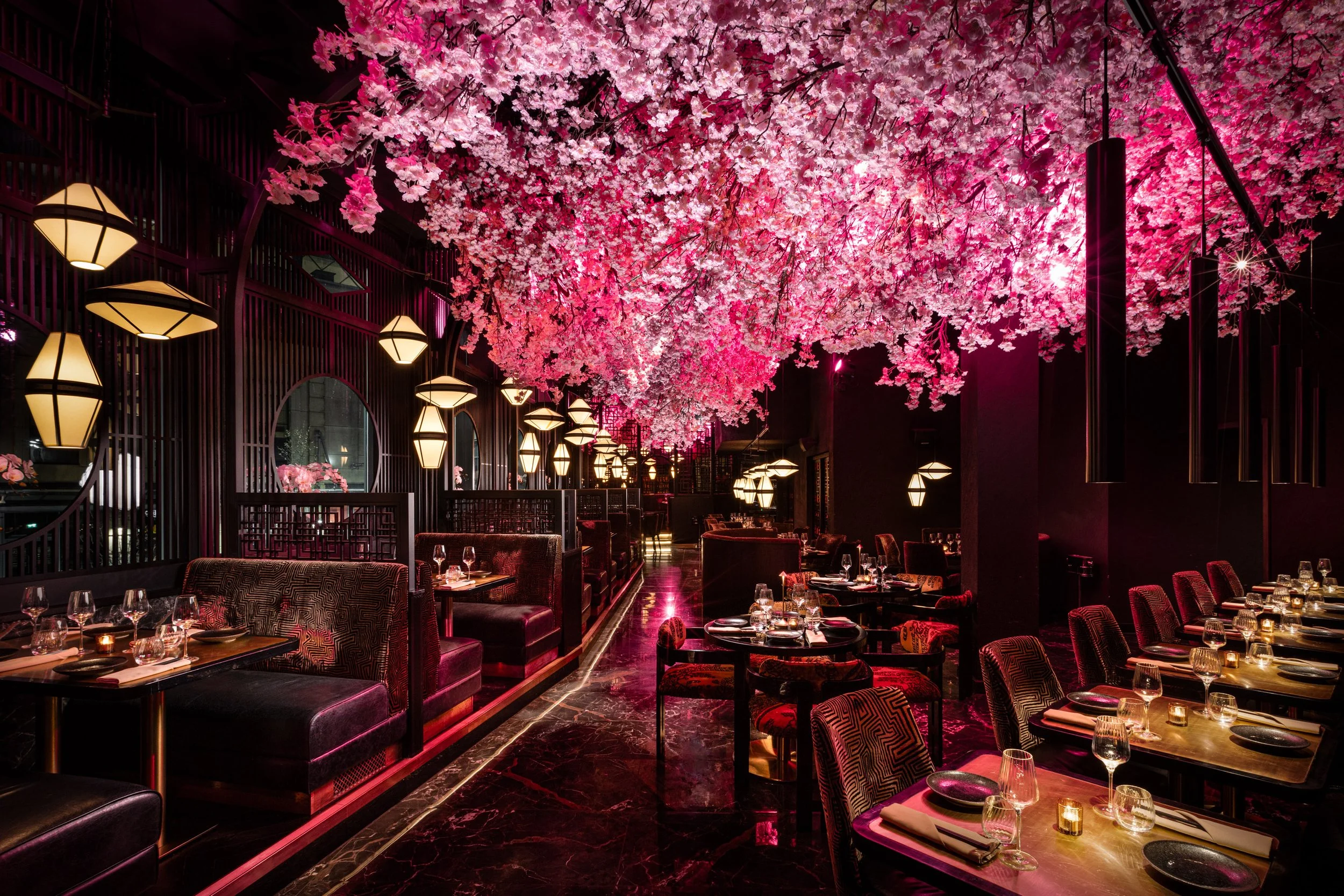 A restaurant interior decorated with pink cherry blossom trees hanging from the ceiling, illuminated with hanging pendant lights, with tables set for dining.