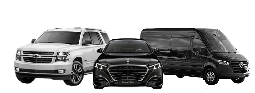 Three vehicles: a white SUV on the left, a black luxury sedan in the middle, and a black cargo van on the right, parked against a plain background.