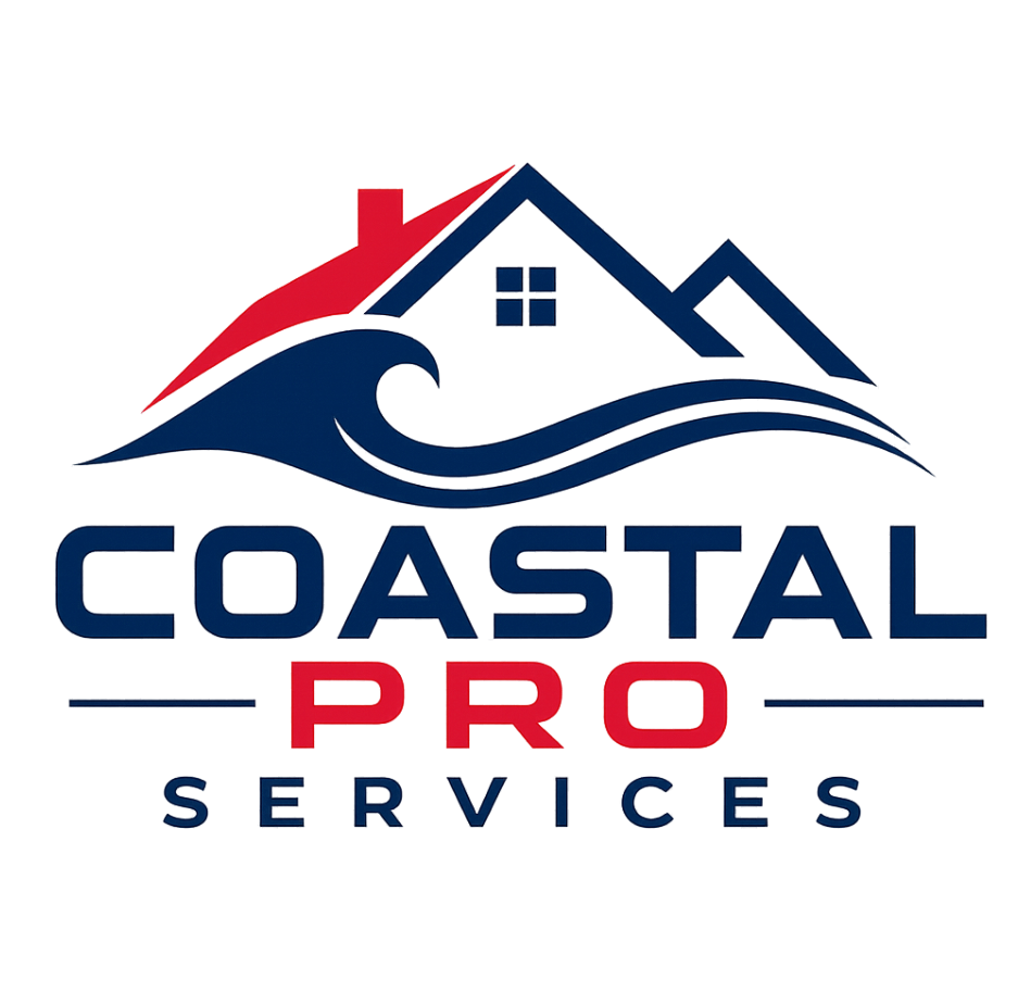 A logo for Coastal Prop Services featuring a stylized house with wavy lines, a red roof, and the company name in bold letters.