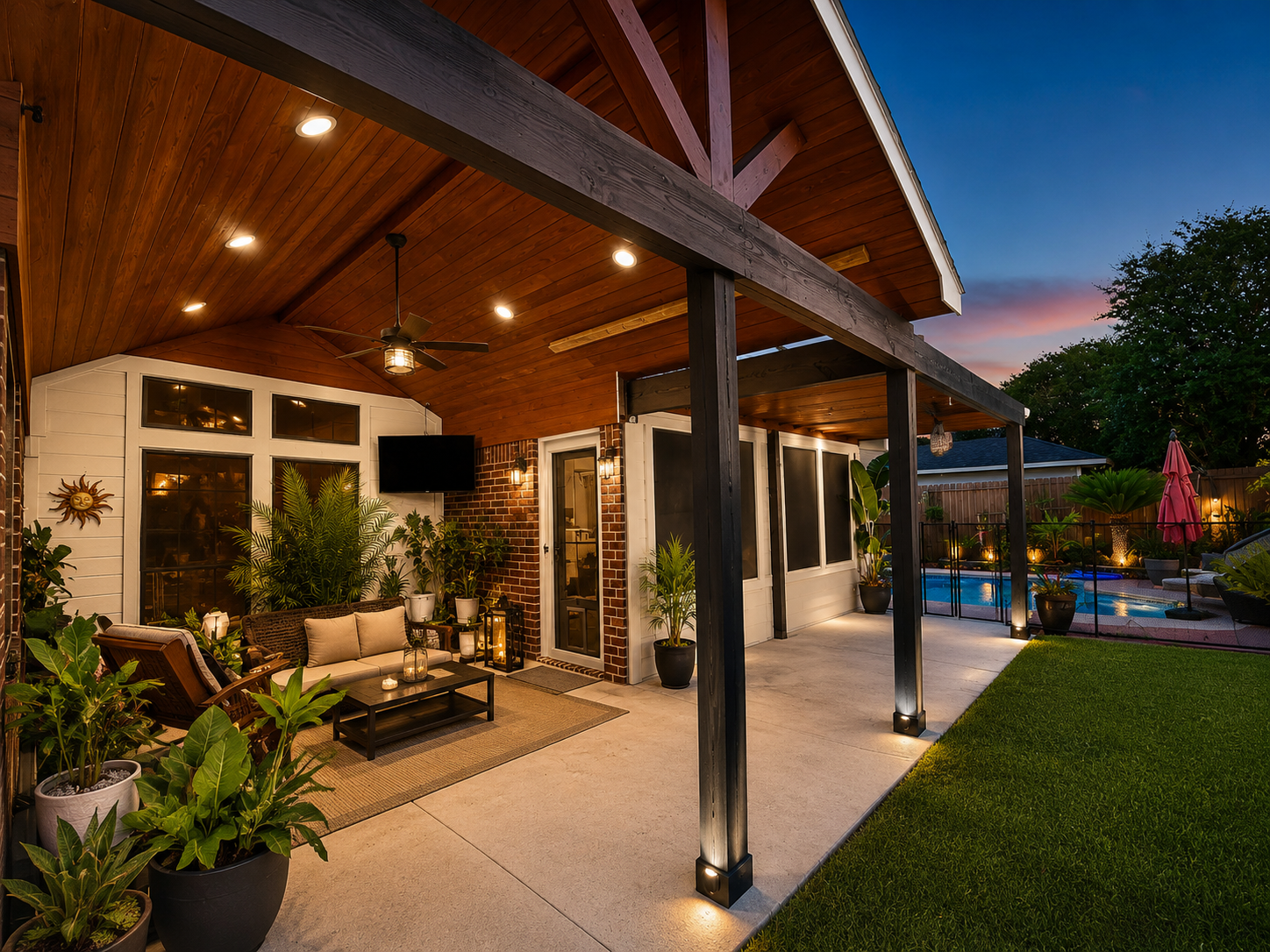 Covered patio area with ceiling fan, seating area, potted plants, and a television; backyard with a swimming pool, patio furniture, umbrella, and landscape lighting at dusk.