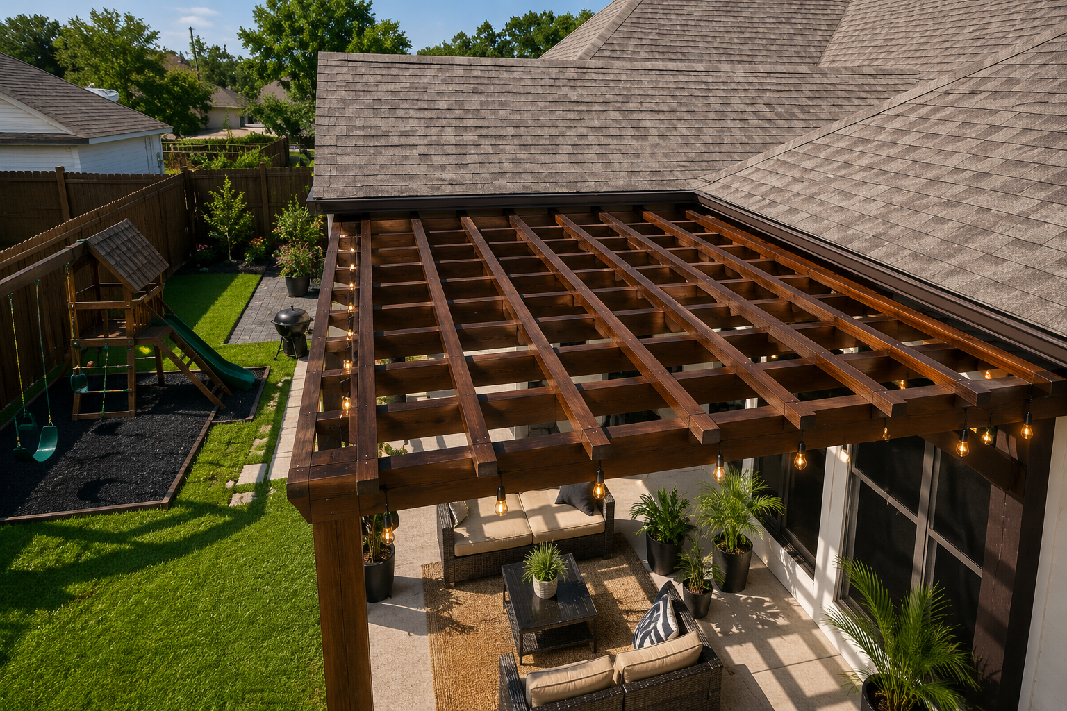 Backyard with a wooden pergola under construction, outdoor seating area with cushions and potted plants, children's play area with swings, slide, and playhouse, and a well-maintained lawn with trees and a wooden fence.
