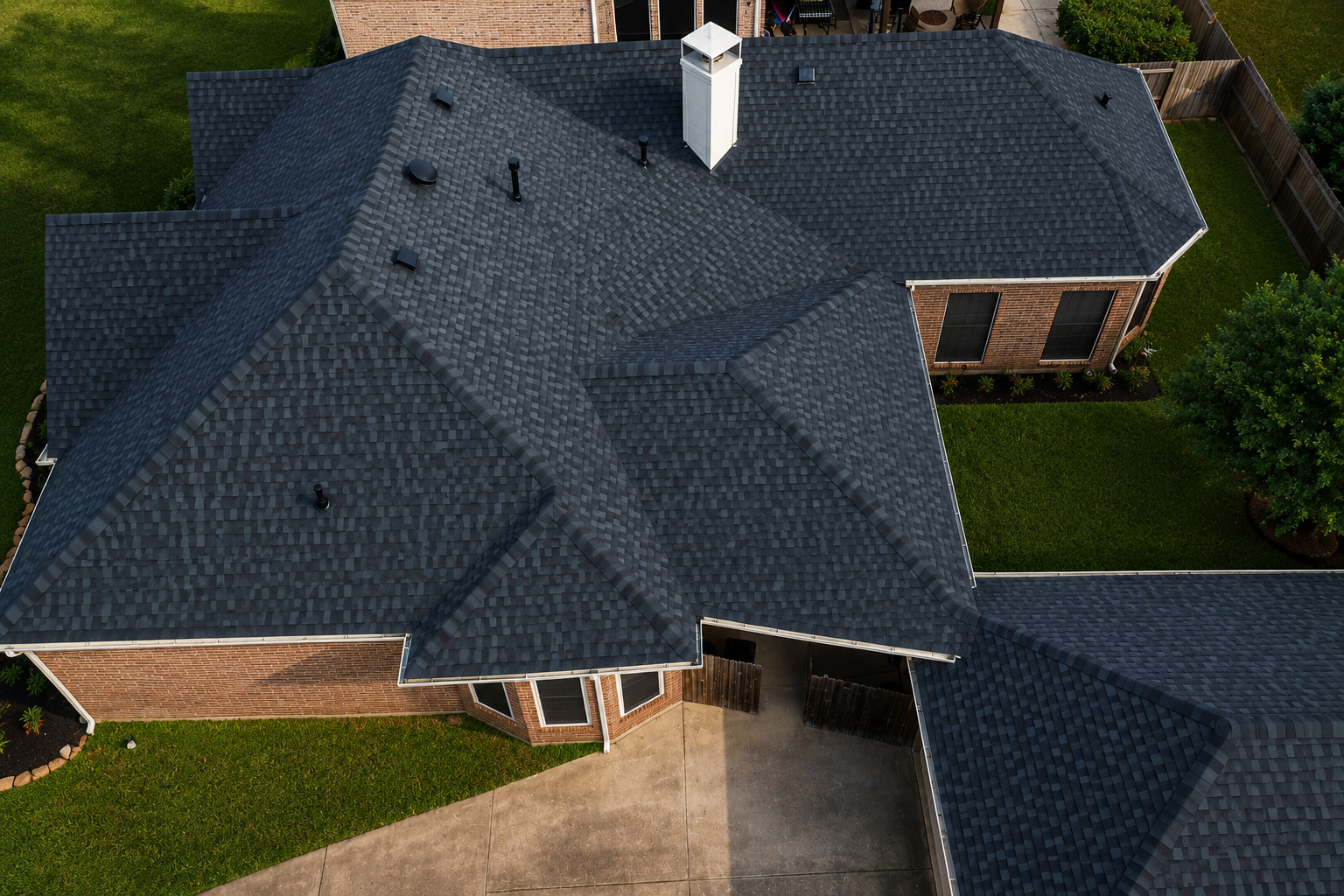 Aerial view of a house with a multi-gable dark gray shingle roof, brick exterior walls, a chimney, and surrounding green lawn and landscaping.