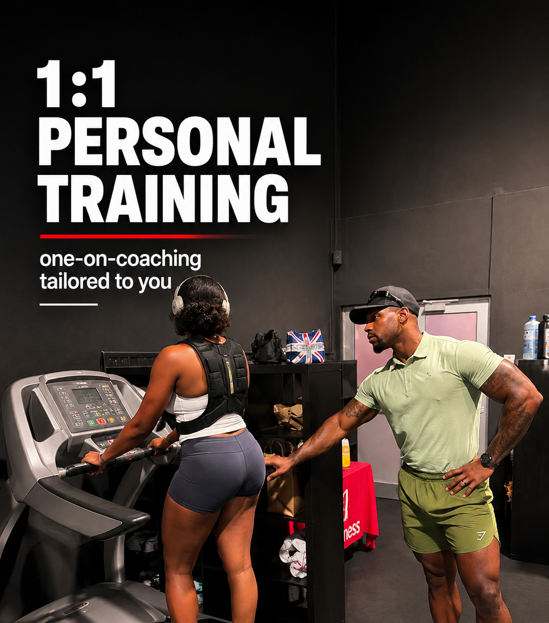 A personal trainer coaching a woman on a treadmill in a gym, with text promoting one-on-one personal training sessions.
