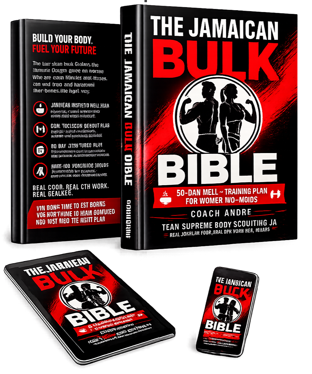 Book cover titled "The Jamaican Bulk Bible," featuring silhouette images of a man and woman flexing their muscles. The cover has black, white, and red colors, with additional smaller copies of the book, a digital device, also displaying the cover. Text on the cover promotes a fitness training plan for women, developed by Coach Andre.