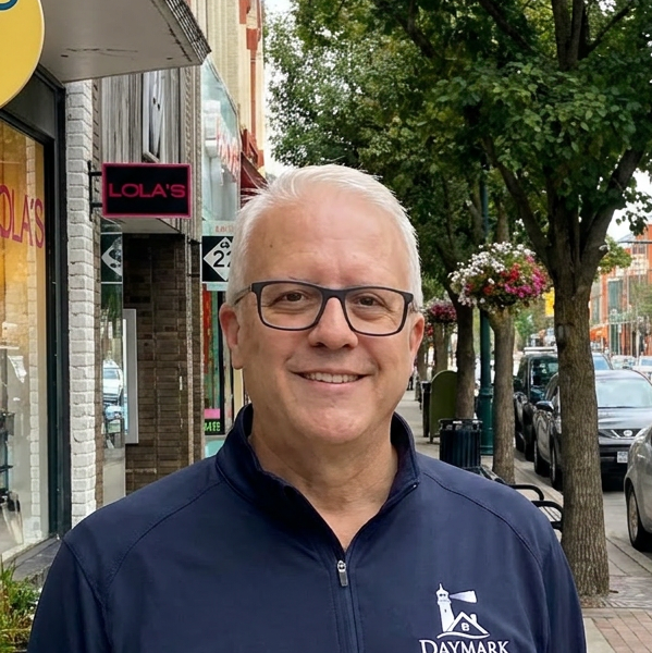 Jim Casler of Daymark Home Watch on the street in downtown Traverse City, Michigan during his home watch inspection route.