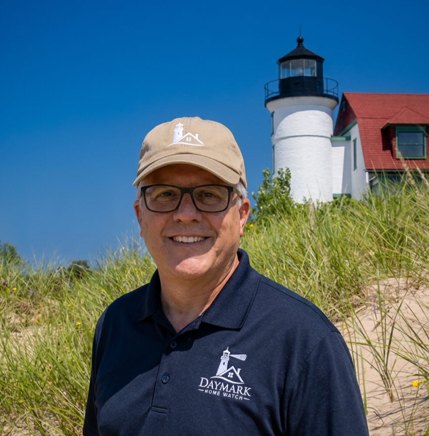 Jim Casler of Daymark Home Watch visiting Point Betsie Lighthouse in Frankfort, Michigan