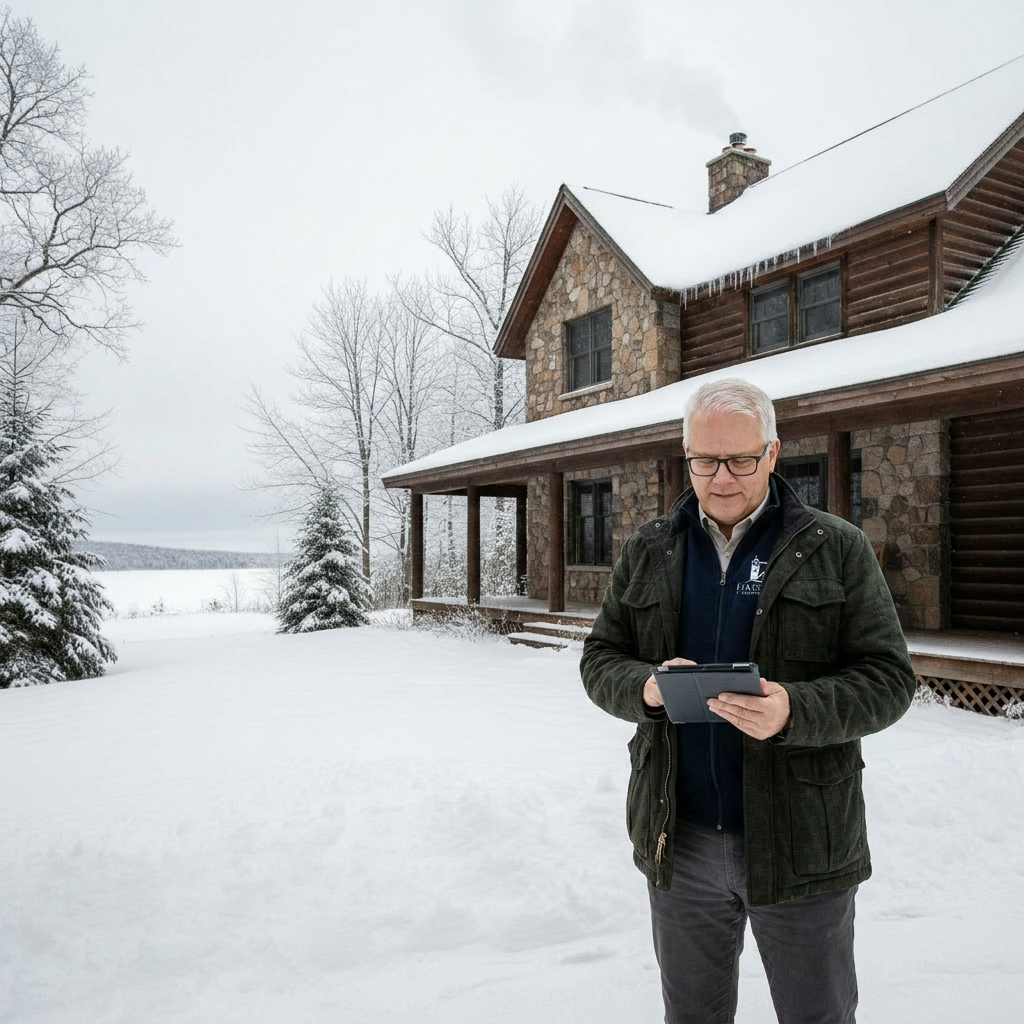 Man outside a Northern Michigan home in winter, looking at a computer tablet during a Home Watch visit.