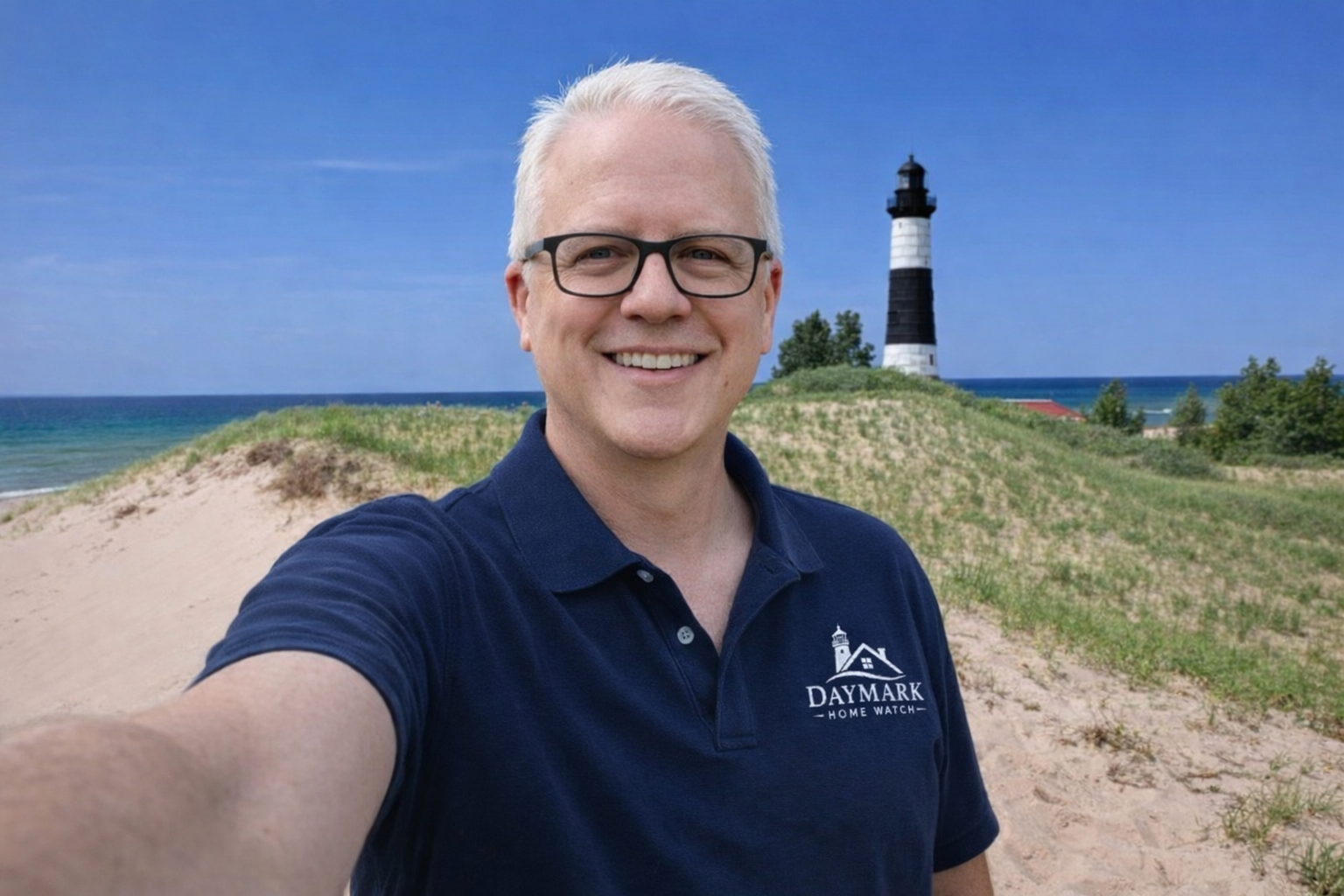 Jim Casler of Daymark Home Watch, taking in the views of Big Sable Lighthouse in Ludington, Michigan.