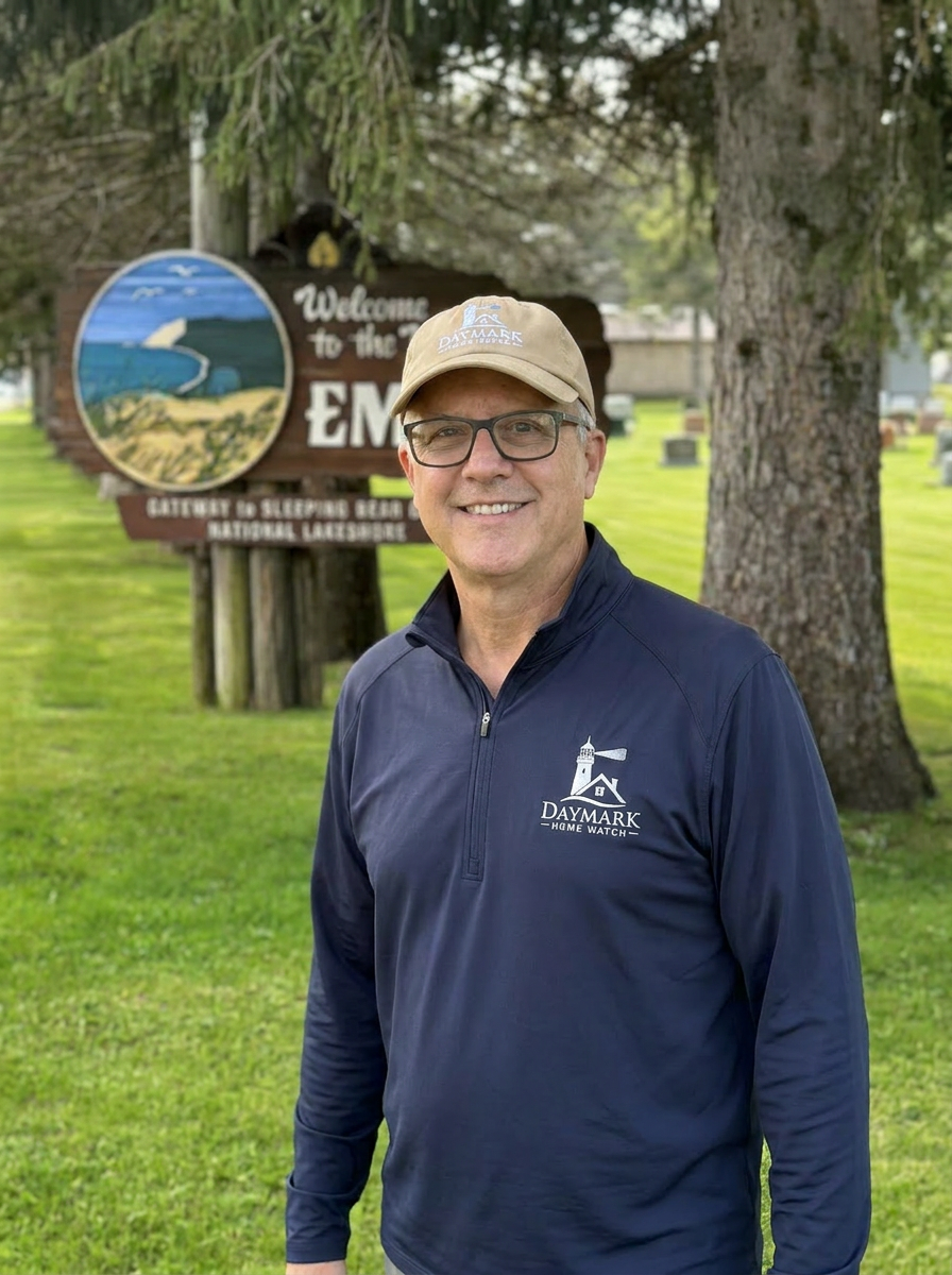 Jim Casler of Daymark Home Watch at welcome sign to Empire, Michigan