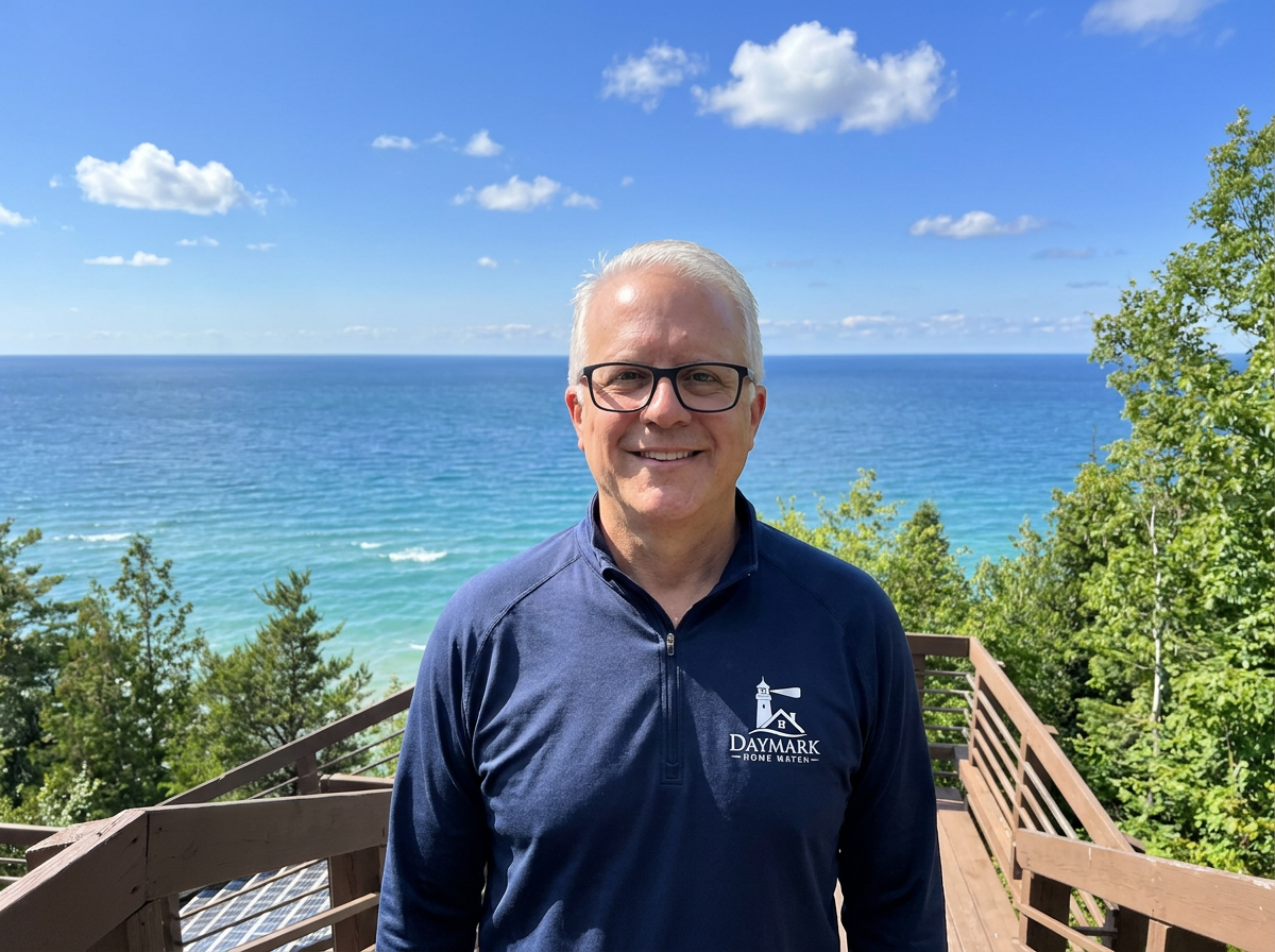 Jim Casler of Daymark Home Watch on the shores of Lake Michigan at the scenic overlook on M-22 in Arcadia, Michigan.