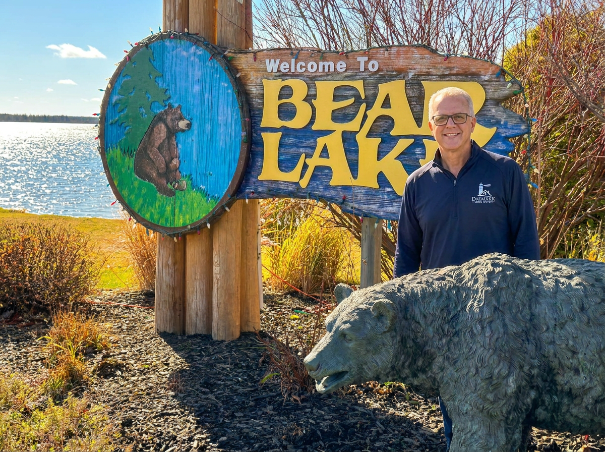 Jim Casler of Daymark Home Watch with a bear at the Bear Lake, Michigan welcome sign.