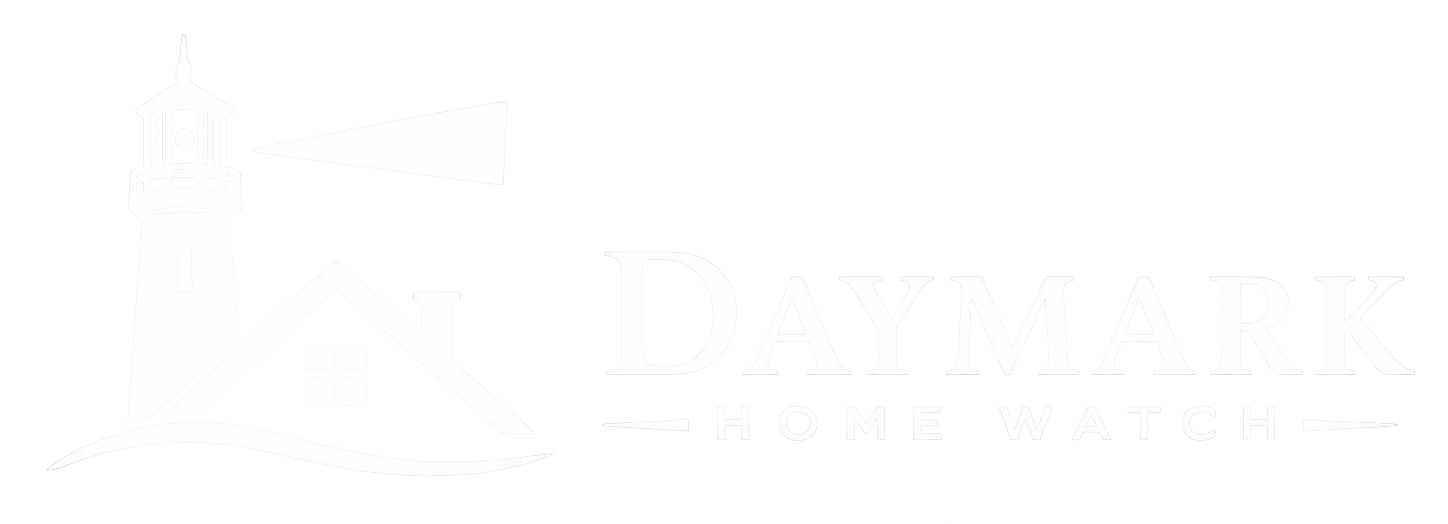 Logo for Daymark Home Watch featuring a lighthouse, a house with a window, and the company name 'Daymark Home Watch' with a lighthouse beam. White logo.