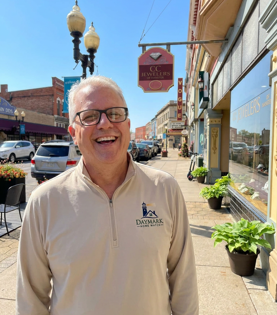 Jim Casler of Daymark Home Watch laughing it up in downtown Manistee on a nice summer day.