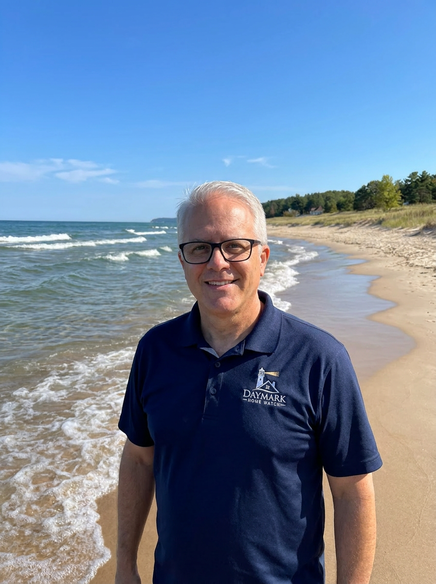 Jim Casler of Daymark Home Watch, along the shore of Lake Michigan in Arcadia, Michigan.