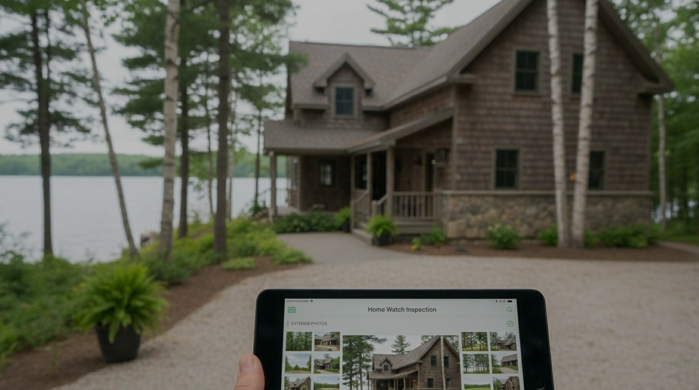 A person taking a photo of a brown wooden house by a lake using a tablet, with a screengrab that reads home watch inspection.