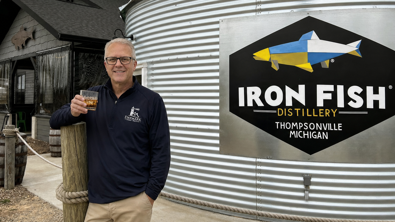 Jim Casler of Daymark Home Watch, taking in the scene at Iron Fish Distillery in Thompsonville, Michigan.