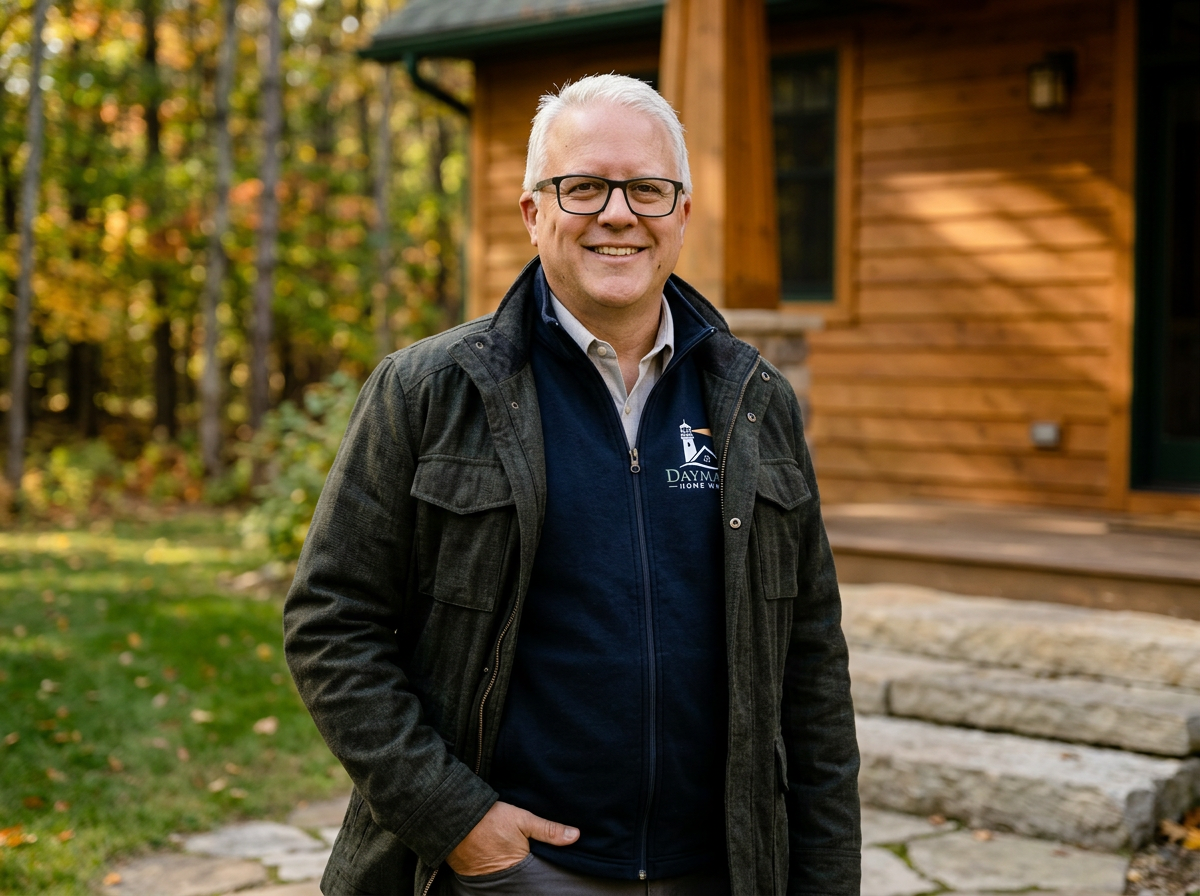 A smiling middle-aged man with white hair and glasses standing outdoors in front of a wooden house with trees in the background. He is wearing a dark jacket and a navy zip-up pullover with a logo on it.