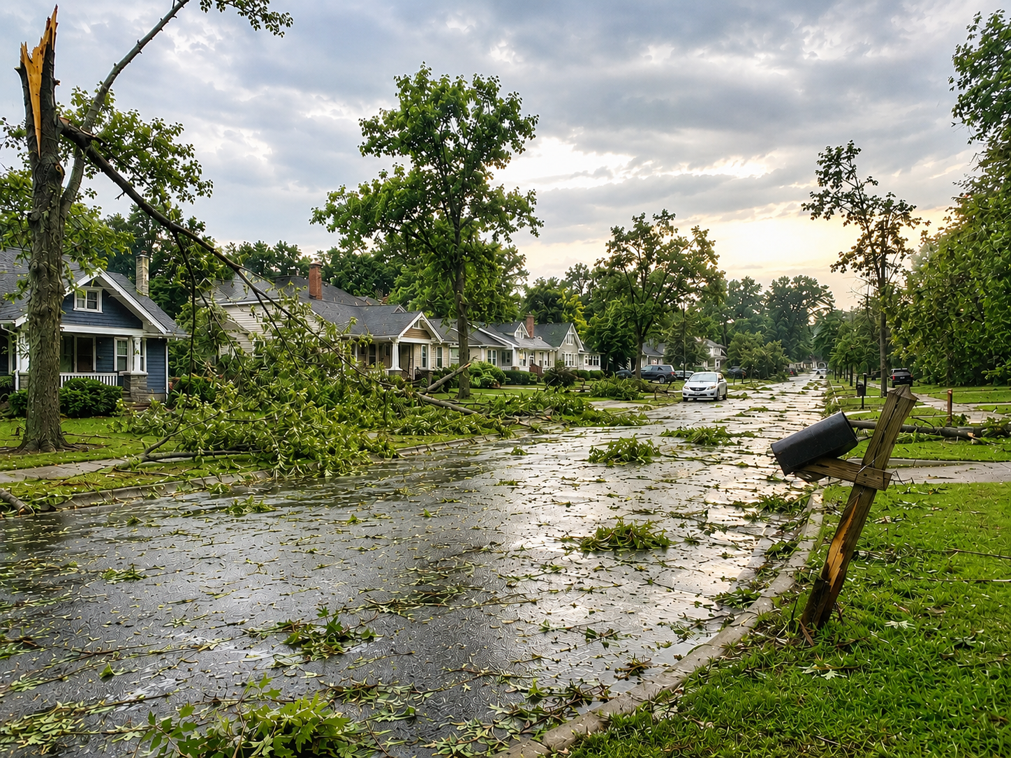 Post storm scene neighborhood street downed trees, leaves, mailbox.