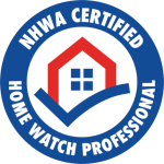 NWHA Certified Home Watch Professional badge with a blue circular border, house icon in the center, and checkmark