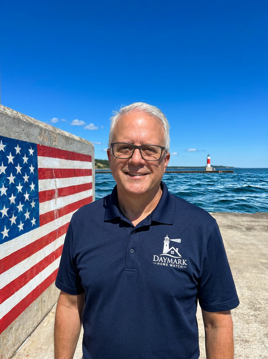Jim Casler of Daymark Home Watch out on the water near Onekama lighthouse on Lake Michigan.