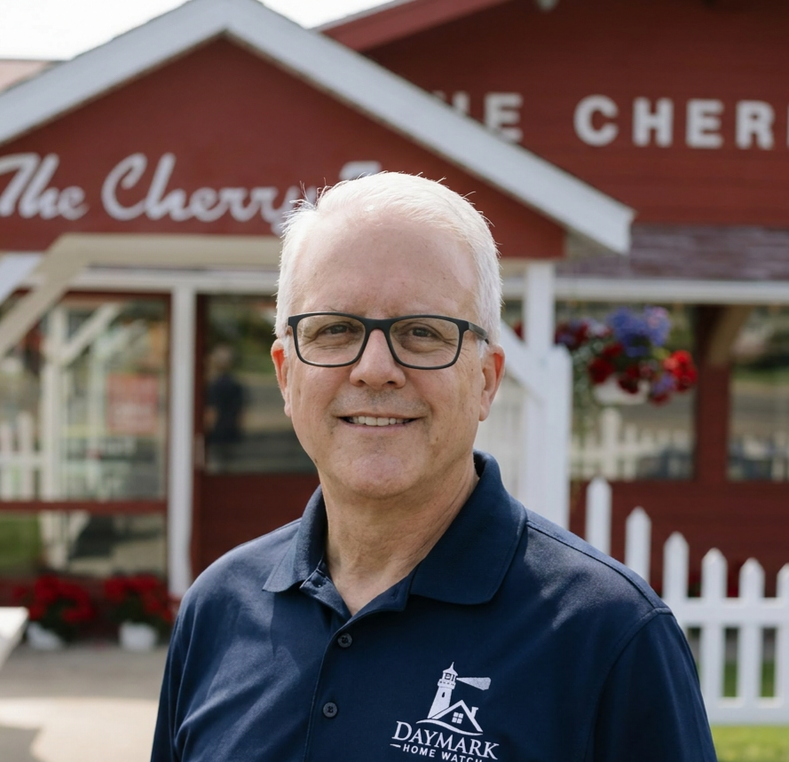 Jim Casler of Daymark Home Watch, outsid eof Cherry Hut Restaurant in Beulah, Michigan.