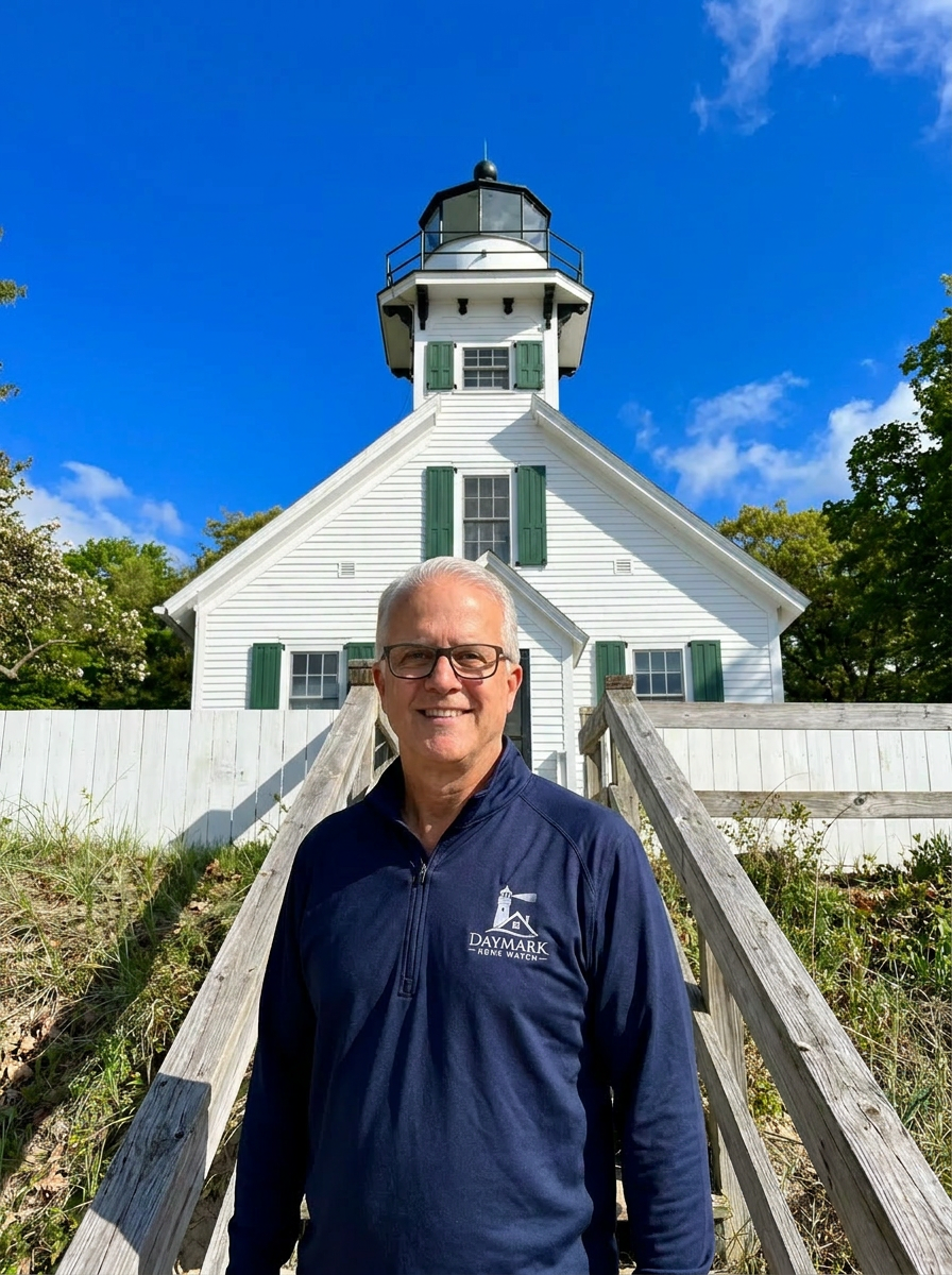 Jim Casler of Daymark Home Watch visits the Old Mission Lighthouse in Traverse City, Michigan while checking home old Old Mission Peninsula.