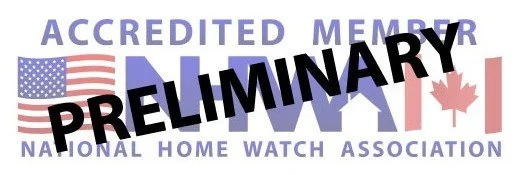 Accredited Member National Home Watch Association logo with American and Canadian flags, and the word 'PRELIMINARY' stamped across.