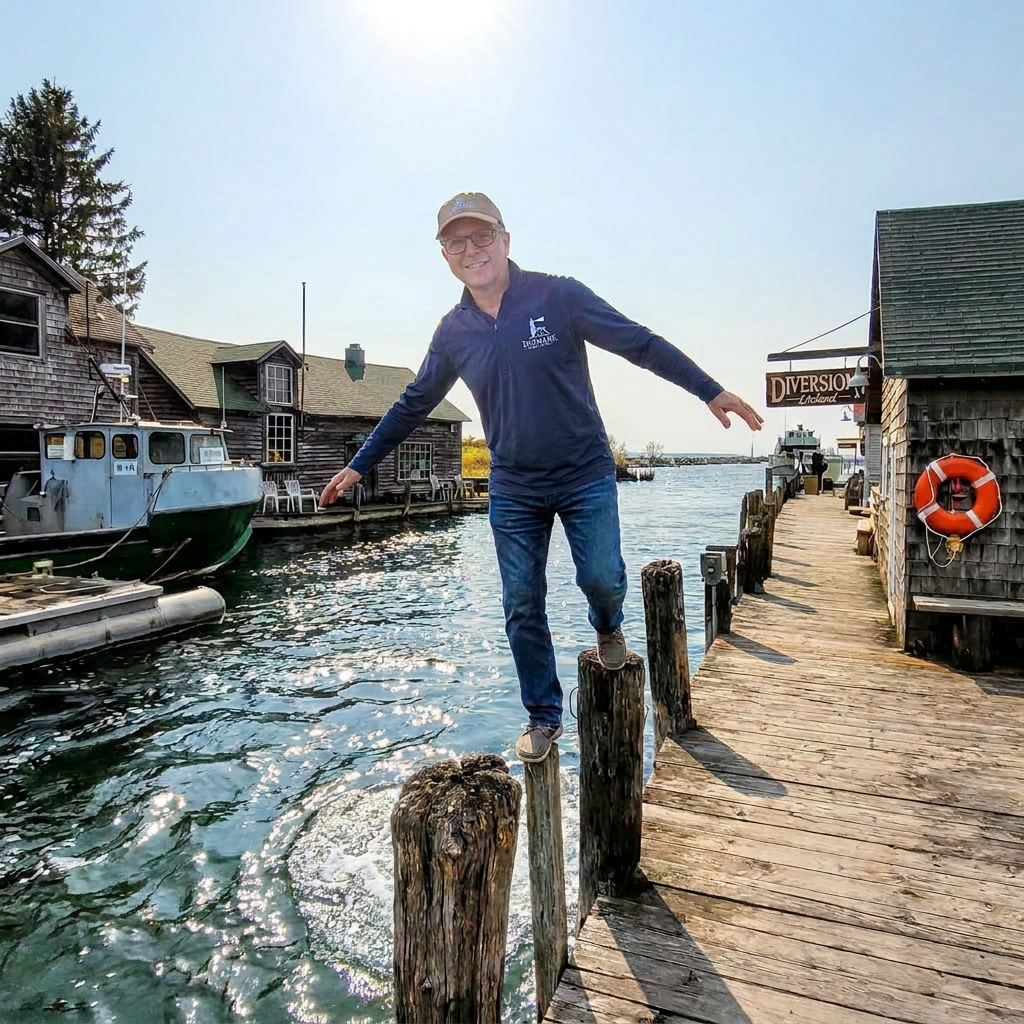 Jim Casler of Daymark Home Watch, showing off his skills learned in the circus balancing on the dock posts, in Leland, Michigan, historic Fishtown.