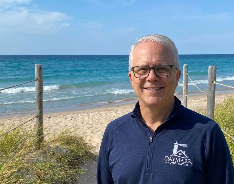 Jim Casler of Daymark Home Watch at the beach entrance to Lake Michigan in Empire, Michigan