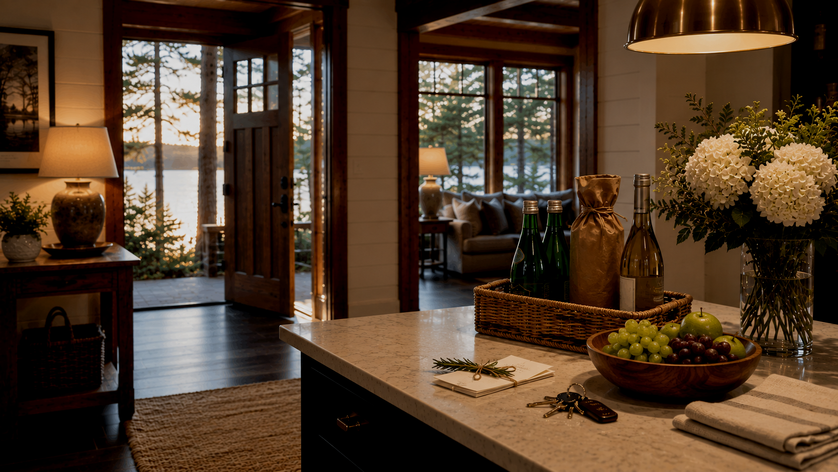 A cozy interior scene featuring a kitchen with a marbled countertop, a basket with bottles and wrapped items, a wooden bowl of green and purple grapes, a large vase with white hydrangeas, table keys, a small notebook, a sprig of greenery, a newspaper, and a napkin. In the background, a living room with a sofa, table lamps, and large windows showing a view of trees and a body of water, with a wooden door open to a deck outside.