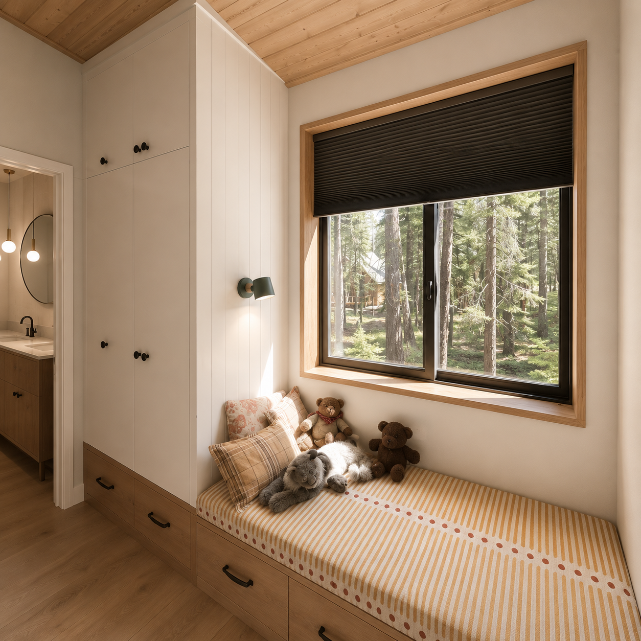 A cozy corner with a window seat featuring stuffed animals and pillows, overlooking a forest outside with tall trees, in a room with wood accents and natural lighting.