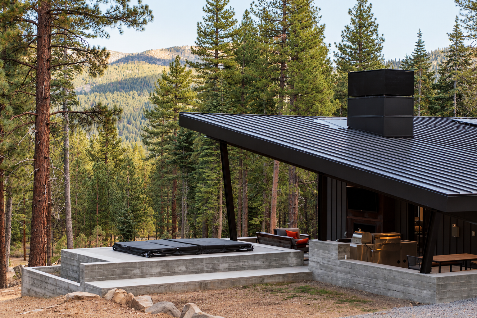 Modern Mountain Cabin Patio in Pine Forest.png