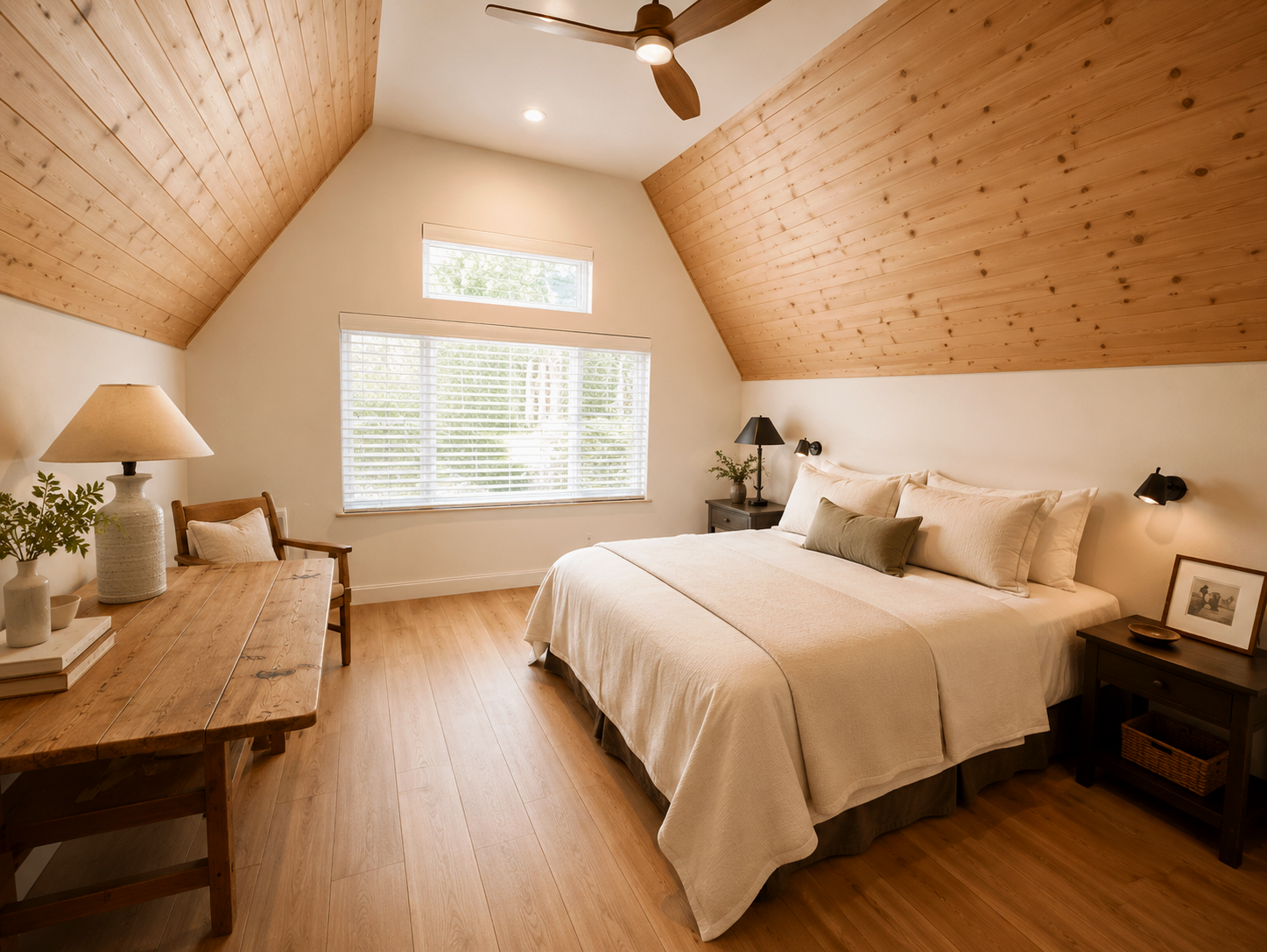 A cozy bedroom with a sloped wooden ceiling, large window with white blinds, and a centered bed with white linens and pillows. There are black bedside lamps, a black nightstand, a wooden dresser with a lamp and plants, a wooden chair, and wood flooring.