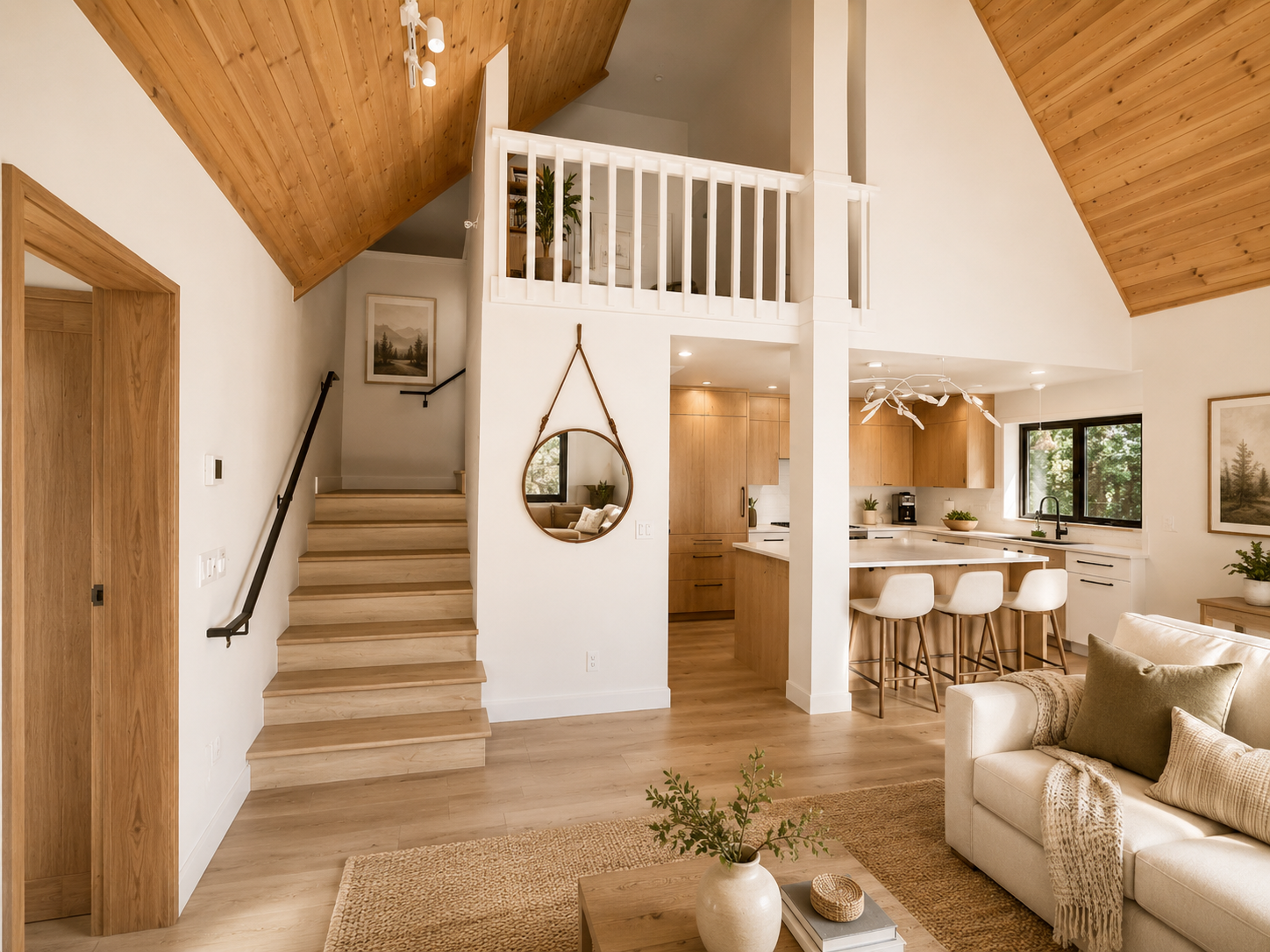 Open-concept living room and kitchen with wood accents, staircase, and high ceiling.