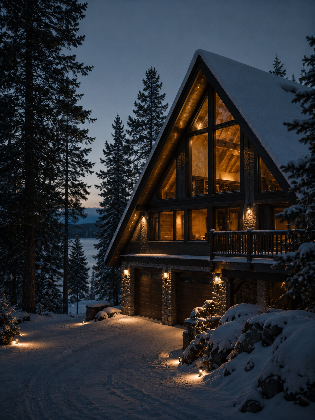A cozy A-frame cabin with large glass windows illuminated from within, surrounded by snow-covered trees and landscape at dusk.