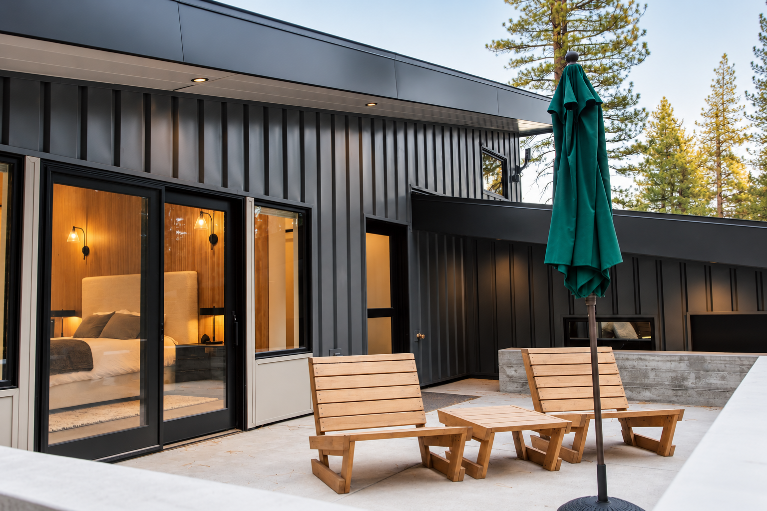 Modern Cabin Patio at Dusk.png