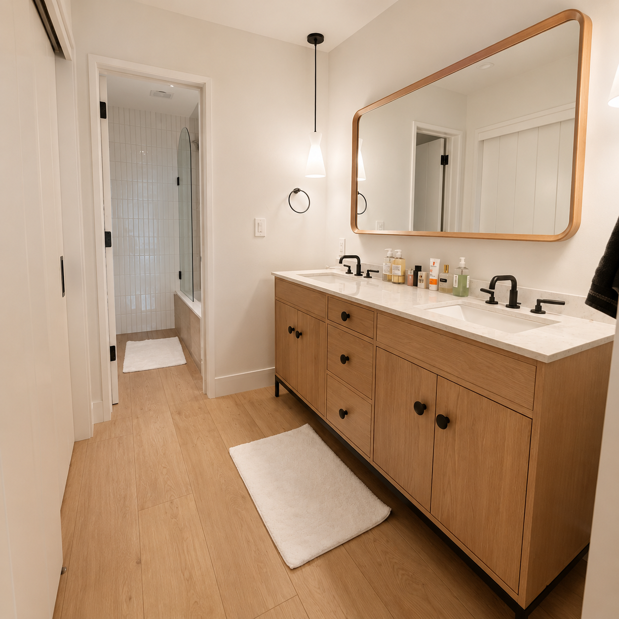 Bathroom with double sink vanity, large mirror, wooden cabinets, black fixtures, and a separate shower stall with glass door.