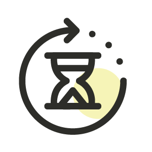 A black and white line icon of an hourglass surrounded by a circular arrow, representing a fast pace. 